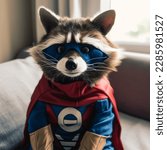 Small photo of Raccoon in a hero mask. mask and cloak