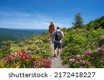 Small photo of Couple hiking on summer vacation trip. Friends hiking in the mountains. Milepost. Near Asheville, Blue Ridge Mountains, North Carolina, USA.