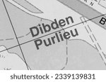 Small photo of Dibden Purlieu near Southampton in Hampshire, England, UK atlas map town name in black and white