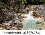 Small photo of Blue lake in Giresun. The river flows blue due to soda water. Kuzalan nature park. It is located near the Kuzalan waterfall. local name mavi gol