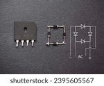Small photo of Semiconductor electronic AC-DC converter component. Bridge-diode and bridge-diode schema.