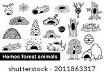 Forest animals homes big set. Black doodle woodland dwellings. Den, tree hollow, den, burrow, nest, cave, beaver dam, hole, anthill, termite mound, beehive, vespiary, cobweb. Нand-drawn wildlife house