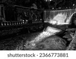 Small photo of NEW ATHOS, REPUBLIC OF ABKHAZIA - JULY 26, 2023: Black and white photo of New Athos waterfall. Psyrdzha river.