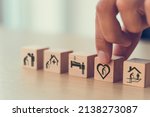 Small photo of Elderly care concept. Holding wooden cube smart flat design with icon related to elderly care, medical, rehabilitation service, nursing care for enhancing quality of life in elder age. Care banner.