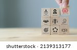 Small photo of Core values,corporate values concept. Company culture and strategy related to business and customer relationships, growth. Principles guide company's action. Put wooden cubes with core values icons.