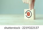 Small photo of Replay icon on wooden cubes on smart grey background and copy space. Recap business, meeting summary, business review concept.