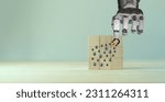 Small photo of AI in inbound marketing, intelligence inbound marketing, automation marketing concept. Digital marketing strategies. Robot putting wooden cube blocks with lead generation icon on clean background.