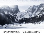 Small photo of Colorado Rocky Mountain National Park Snow Covered Winter Landscape Cold Forest Trees Frozen Ice Lake Helene Skiing Snowboard Beautiful Photo of Sky Nature Outdoors Hiking Travel Vacation Estes Park