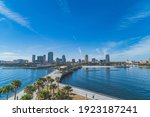 High angle view of St. Petersburg, Florida looking west from pier against blue sky.