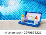 Small photo of Water tester over clear swimming pool, best water quality, pool maintenance, water test kit, Water testing test kit for swimming pool