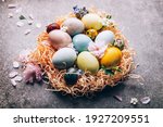Easter eggs dyed with natural ingredients from red cabbage, onion, spinach, berries, turmeric, coffee. Homemade naturally dyed eggs. Beautiful setting with eggs in nest and spring flowers.