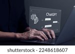 Small photo of ChatGPT Chat with AI or Artificial Intelligence technology. Businessman using a laptop computer chatting with an intelligent artificial intelligence asks for the answers he wants. AI Prompt Generator