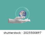 Digital collage modern art. Hand holding globe with bubble. element of this image are furnished by NASA