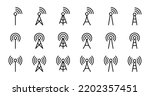 Antenna icon set. Radio antenna icon. Radio tower icons. Communication towers collection. Transmitter receiver wireless signal icons. Vector EPS 10