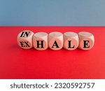 Small photo of Inhale, Exhale concept. Turned a dice and changes the word INHALE to EXHALE. Beautiful blue background, red table, copy space. Business and INHALE or EXHALE concept.