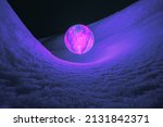 Small photo of Abstract scene of levitating glowing ufo sphere over surface icy planet covered with snow. Concept of sci-fi, space travel, exploration, and colonization.