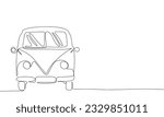 Summer surfing van one line continuous. Van concept banner. Line art outline vector illustration isolated on white background.