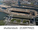 Small photo of 12 February 2022, Terneuzen, Holland. Aerial view of construction work at the new sluice in the canal Kanaal Gent Terneuzen in the province of Zeeland.
