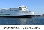 Small photo of Close-up of the forecastle of the hybrid ferry Berlin of the Danish shipping company Scandlines while entering the seaport of Rostock in beautiful spring weather, Germany on 2022-03-20