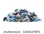 Big pile of garbage in black blue trash bags isolated on white background. Ecology concept. Pollution environment disaster.