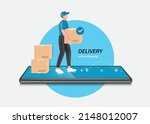 male delivery man in uniform... | Shutterstock .eps vector #2148012007