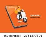 Male food delivery man in yellow uniform sits on scooter or motorcycle with a box and pin location in the back and all place on smart screen,vector 3d character for online shopping and delivery design
