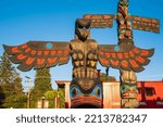 Small photo of Totem pole in Duncan's tourism slogan is The City of Totems. The city has 80 totem poles around the entire town, which were erected in the late 1980s. Nobody, travel photo-October 6,2022-BC Canada