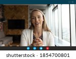 Computer application head shot display view smiling young blonde 30s woman talking looking at web camera, successful businesswoman holding online video call negotiations meeting with partners.
