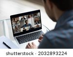 Laptop screen with business group video call head shots. Team meeting on virtual conference, chatting online, discussing work. Students, audience attending teachers webinar, coaching, remote training
