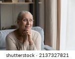 Small photo of Peaceful older woman resting alone at home, having nostalgic mood looking serene, recollect memories sits on couch, smile staring out window feels satisfied, enjoy carefree life on retirement concept