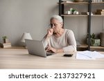 Small photo of Aged woman sit at desk with calculator and papers, pay bills through e-bank application, looks at laptop screen feels concerned due bank debt or overdue. Older gen use tech, finances, troubles concept