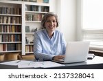 Portrait of smiling successful older 60s businesswoman, small business owner, sitting at workplace desk with computer staring at camera looking satisfied feels happy. Workday at modern office concept