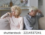 Small photo of Unsuccessful relationships, failed marriage, relations break up, misunderstanding. Silent sad older married couple sit on sofa separately ponder over problems feel dissatisfied, thinking about divorce