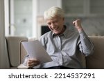 Small photo of Overjoyed senior man sitting on sofa with papers, reading letter feels excited by good fantastic news received, get social pension growth, bank notification about loan repayment, money refund, profit