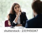 Small photo of Engaged young recruiter, recruit agent talking to job candidate on interview. Client consulting manager, banker lawyer in office. Business woman, broker, advisor listening to customer on meeting