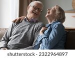 Small photo of Smiling attractive elderly family spend weekend time at home sitting on couch, enjoy conversation look carefree, have harmonic relation, happy lifestyle retirement together, love and warm relationship