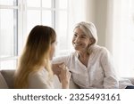 Small photo of Cheerful senior grandma and teen granddaughter kid speaking on couch, laughing. Mature mom and adult daughter talking at home, enjoying conversation, bonding, affection
