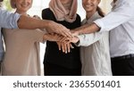 Small photo of Middle-aged 50s and millennial businesspeople associates smiling standing in row stacked palms together showing unity and amity close up, team building, gender and racial equality cooperation concept