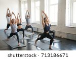Group of young sporty attractive people practicing yoga lesson with instructor, standing together in Virabhadrasana 1 exercise, Warrior one pose, working out, indoor full length, studio background 