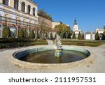 Mikulov Castle, fountain and clock tower, one of the most important castles in South Moravia, view from Mikulov town, Czech Republic