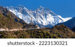 Small photo of Stupa near Namche Bazar and Mount Everest, Lhotse and Nuptse south rock face - way to Everest base camp - Nepal Himalayas mountains