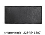 Black leather belt strap closeup isolated on white. Black stitched leather seam frame label tag isolated on white. Empty copy space fashion background. Textile frame cutout.