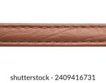 Brown leather belt strap. Closeup isolated on white. Cutout object fashion. Thread seam line. Waist belt casual clothing. Sew pattern.