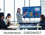 Successful confident smart asian young businesswoman shows data to group of Investors, Businessspeople. Projector. 4K TV flat screen Shows Graphs, Product Sales, Revenue Growth Strategy,