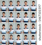 Small photo of Child faces. Many faces showing emotions and expressions. Teenager face countenance.