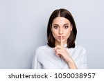 Shh shy sly people person modern concept. Close up portrait of cute lovely attractive uncertain unsure with stylish hairdo entrepreneur making hush gesture isolated on gray background copy-space