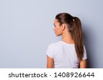 Close up back rear behind side profile view photo amazing beautiful she her lady look side empty space not smiling reliable person wear casual white t-shirt clothes isolated grey background