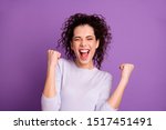 Close up photo of amazing wavy lady win competition yelling raising fists celebrating wear casual pullover isolated purple color background