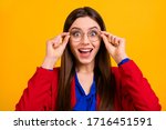 Small photo of Photo of attractive shocked business lady open mouth put on new eye specs nice one hundred per cent vision wear red luxury office blazer blue blouse suit isolated yellow color background