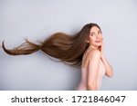 Profile photo of attractive cute model lady demonstrating ideal neat long healthy hairstyle flying on air after lamination procedure wear beige singlet isolated grey color background